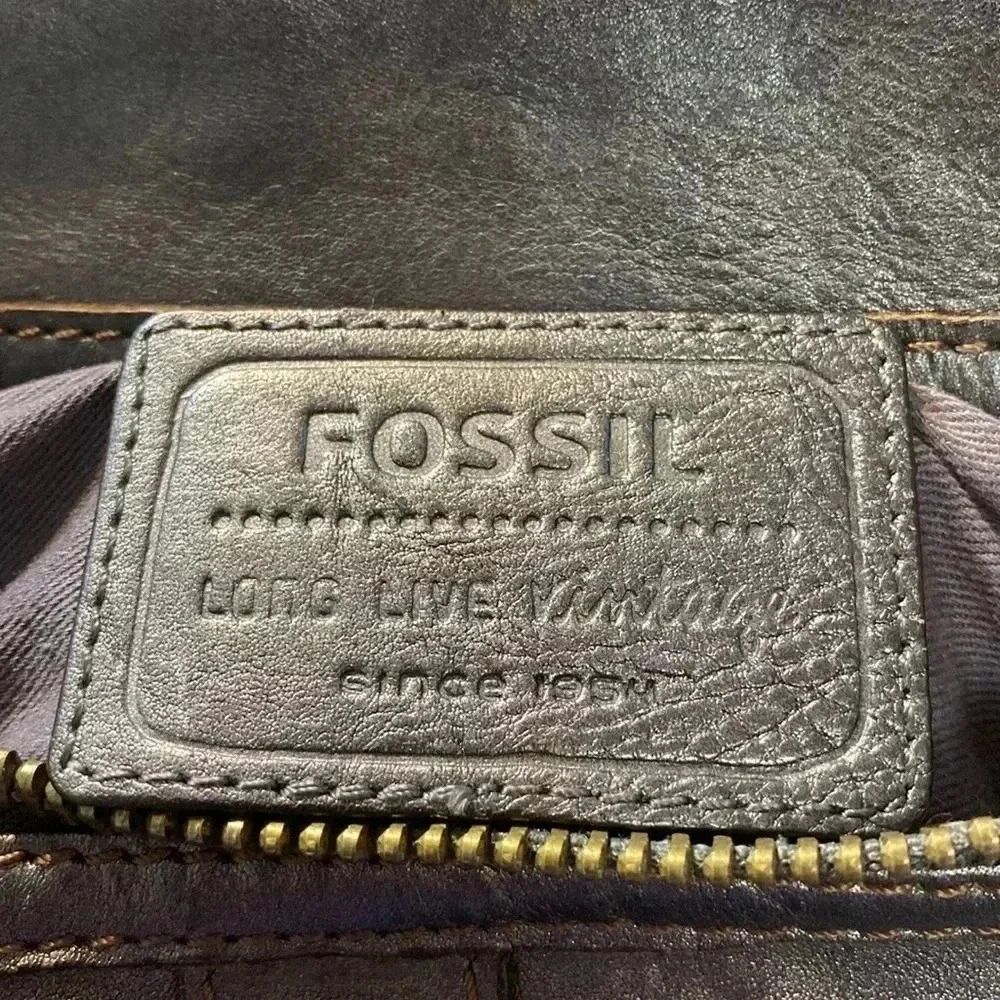 Fossil Leather Grey Rustic Crossbody Shoulder Bag Purse ~ Brass Hardware - Picture 2 of 14